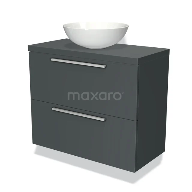 Donkergrijze badkamermeubel met twee lades en witte keramische waskom, modern design geschikt voor stijlvolle badkamers.