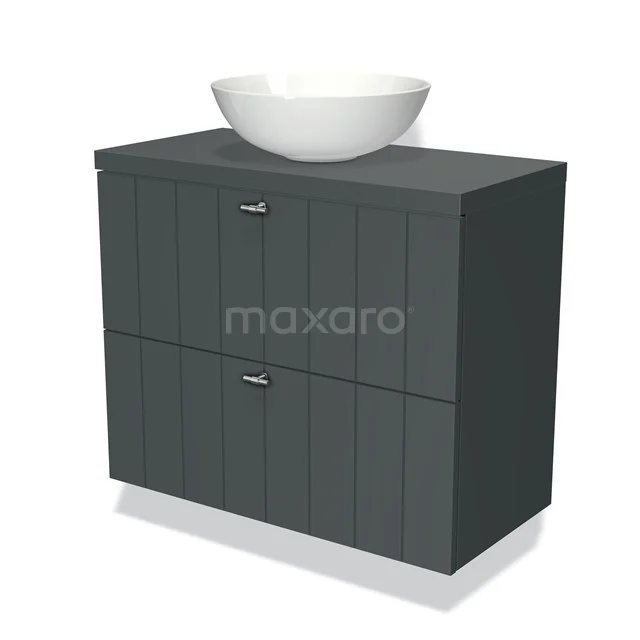 Black bathroom unit with wood grain, white vanity units for countertop wash basin and double storage drawers; modern design for a stylish bathroom.