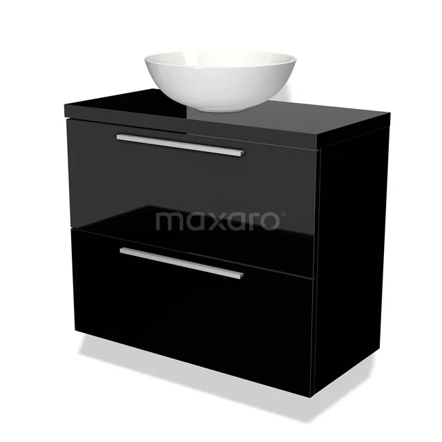 Zwarte badkamermeubelset met glanzende afwerking, twee ladekasten en een ronde witte wastafel, modern design.