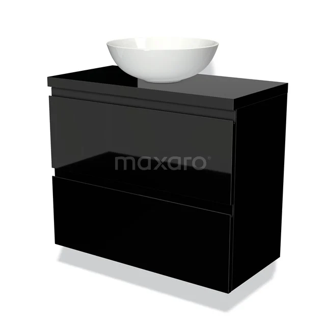 Zwart glanzend badkamermeubel met twee lades en witte opzet wastafel, modern design met strakke lijnen.