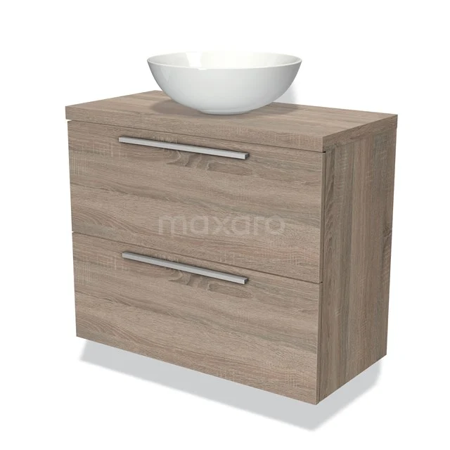 Houten badkamermeubel met wastafel; moderne kast met lade, licht eiken afwerking.