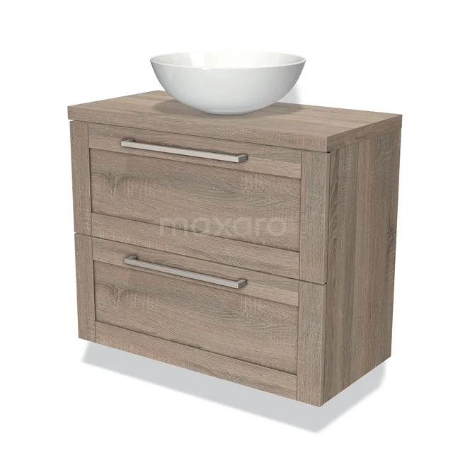 Holz Badezimmermöbel mit 2 Schubladen, Aufsatzwaschbecken und metallischen Haltegriffen, ideal für einen modernen und natürlichen Badezimmer Stil.