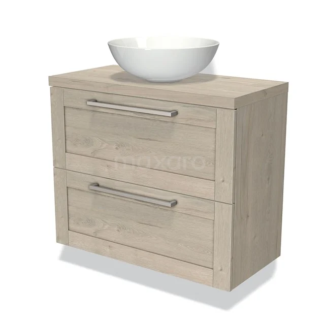 Wooden bathroom unit with two drawers, light oak, including white vanity units for countertop wash basin; ideal for modern bathroom design.