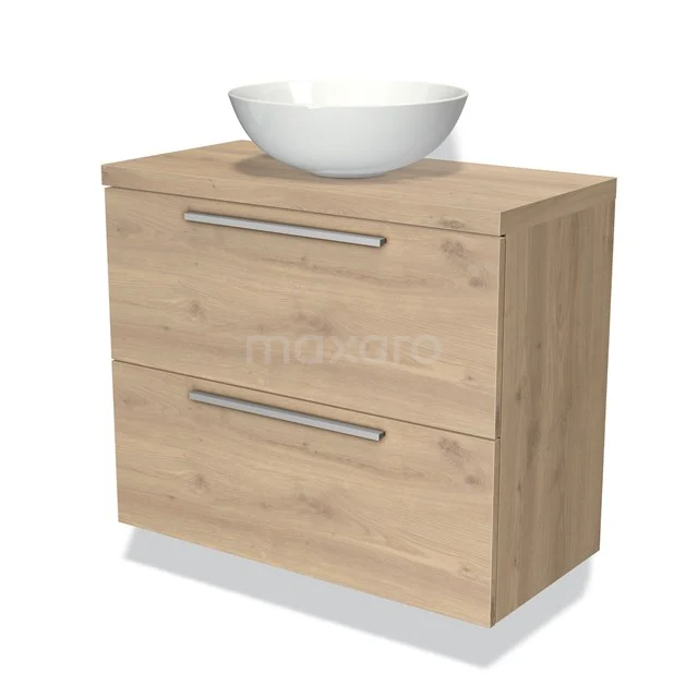Houten badkamermeubel met wastafel, licht eikenhout, 2 lades met zilveren handgrepen, modern design voor stijlvolle badkamers.