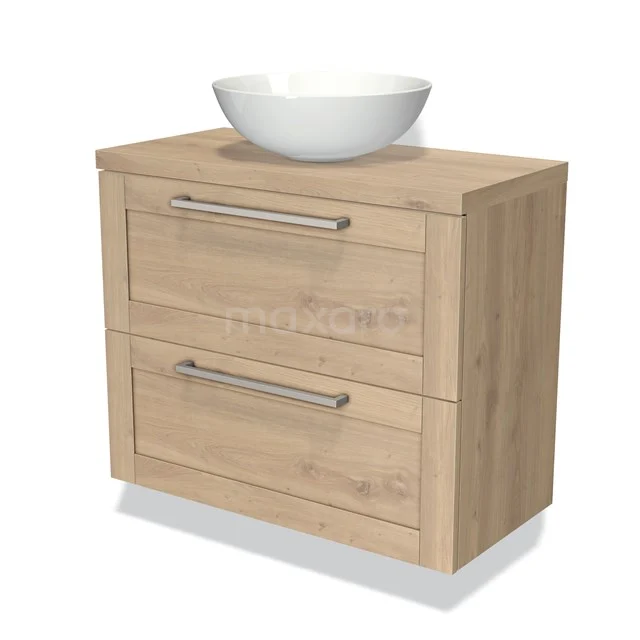 Houten badkamermeubel met licht eikenhout look, twee lades en een witte komvormige wastafel bovenop.