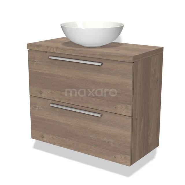 Houten badmeubel met twee lades en witte wastafel, ideaal voor een moderne badkamer.
