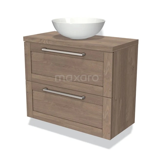 Houten badkamermeubel met twee lades, modern design, witte komvormige wasbak, ideaal voor stijlvolle badkamerrenovatie.
