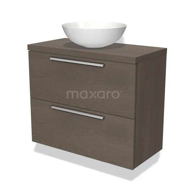 Houten badkamermeubel met donkerbruin eiken afwerking, twee lades en een moderne witte wastafel bovenop.