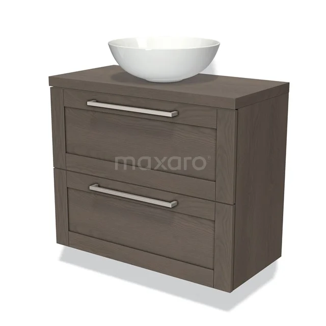 Wooden bathroom unit with dark brown finish, white countertop basin and two spacious drawers with silver handles.