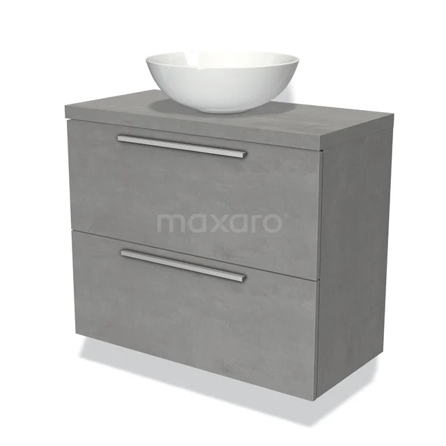 Graue Badmöbelset mit zwei Schubladen und einem weißen modernen Aufsatzwaschbecken, hergestellt aus Betonlook-Material für eine stilvolle Ausstrahlung.