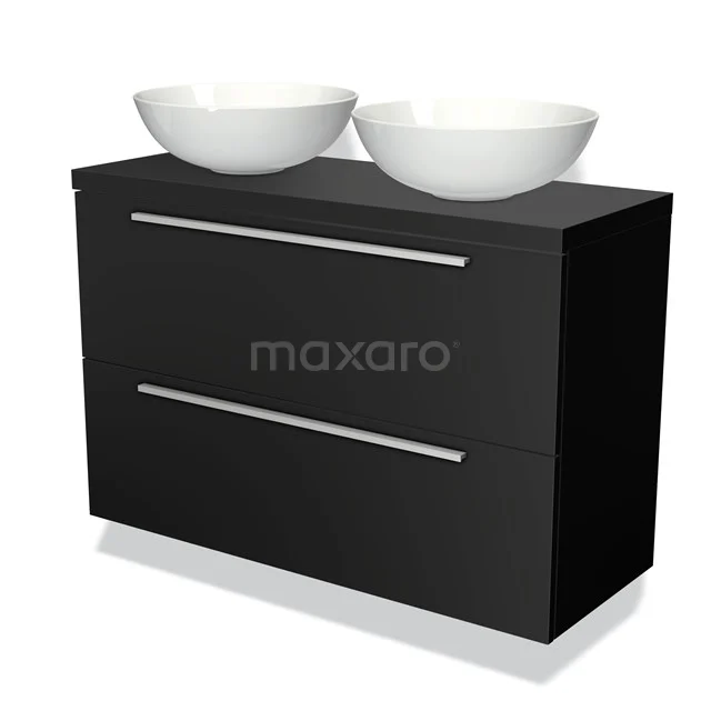 Schwarze Badmöbelset mit zwei weißen Schalen, schlanken Schubladen und modernem Erscheinungsbild, ideal für ein stilvolles Badezimmer.