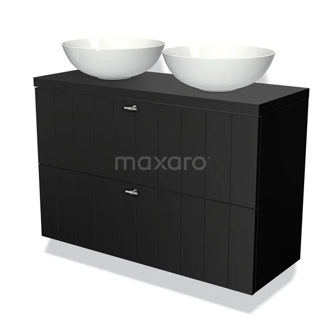 Zwart badkamermeubel met dubbele witte waskommen, modern design, gelakt hout, perfect voor een stijlvolle badkamer.