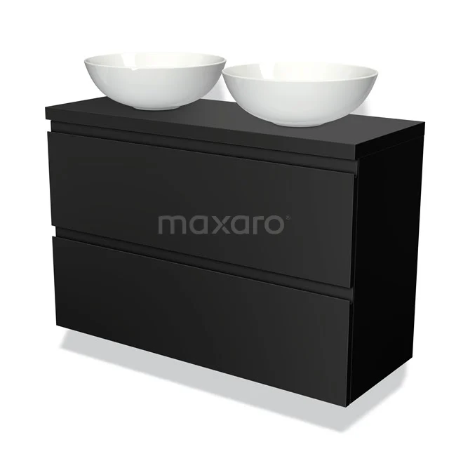 Schwarzes Badmöbel mit zwei ovalen weißen Aufsatzwaschbecken, schlankes Design und tiefem Schubladenspeicher, perfekt für moderne Bäder.