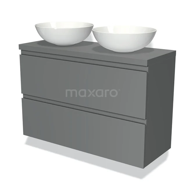 Grey bathroom furniture set with two white countertop wash basins, sleek finish and spacious storage drawers, ideal for modern bathrooms.