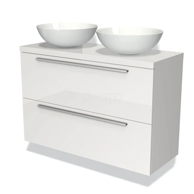 Modulo Plato Slim Badmöbel mit Aufsatzwaschbecken | 100 cm Hochglanz Weiß Flach front Hochglanz Weiß blatt 2 übereinanderliegende Schubladen BMK37-00103 Weißes Badezimmermöbel mit doppeltem Aufsatzwaschbecken aus Keramik, grifflose Schubladen und modernem Design für eine stilvolle Badezimmergestaltung.
