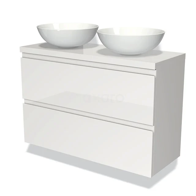 Weißes Badezimmermöbel mit zwei runden Aufsatzwaschbecken, moderne Gestaltung, klares Design mit Schubladen für zusätzlichen Stauraum.