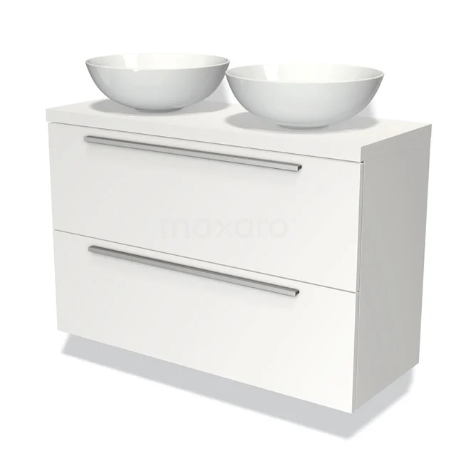 Wit badkamermeubel met twee ronde waskommen, strakke lades en moderne handgrepen, ideaal voor een stijlvolle badkamerinrichting.