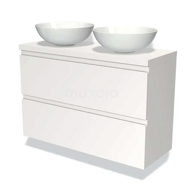Weißes Badmöbel mit zwei runden Waschbecken, modernes Design, ideal für einen modernen Badezimmerstil.