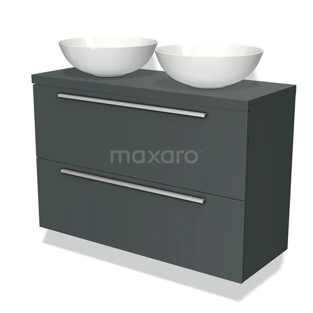 Dark grey bathroom furniture set with two white countertop wash basins, modern finish and double drawers for storage.
