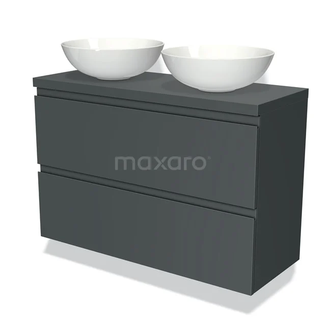 Grijze badkamermeubelset met twee witte opzetwaskommen, strak design, perfect voor een moderne badkamer inrichting.