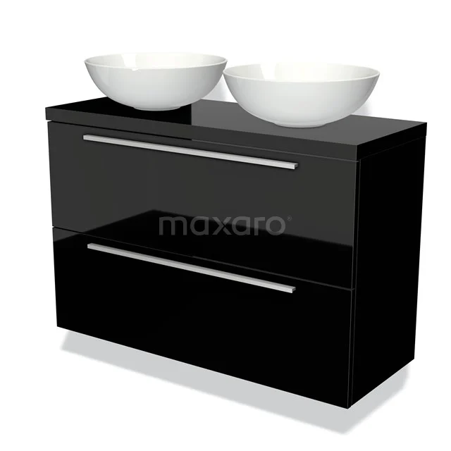 Zwarte hoogglans badkamermeubel met twee witte waskommen, metalen grepen en modern design. Perfect voor stijlvolle badkamers.