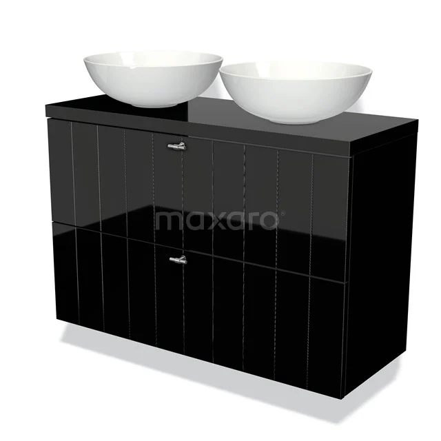 Black bathroom unit with glossy finish, double white vanity units for countertop wash basins and storage space, ideal for modern bathroom design.