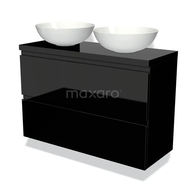 Zwarte badkamermeubelset met hoogglans afwerking en twee witte keramische waskommen; modern design voor stijlvolle badkamers.