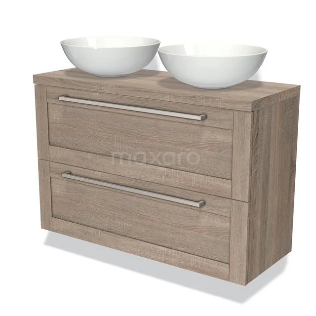 Houten badkamermeubel met twee lades en witte dubbele waskommen, perfect voor een moderne en stijlvolle badkamer.