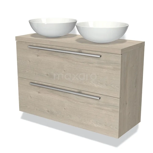 Holz Badezimmermöbel mit zwei weißen Aufsatzwaschbecken, modernes Design und metallischen Haltegriffen, ideal für ein stilvolles Badezimmer.