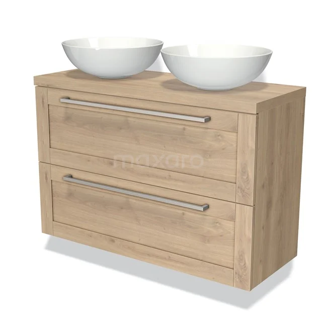 Houten badkamermeubel met twee lades en dubbele witte opzetwastafels, modern design en praktische opbergruimte.