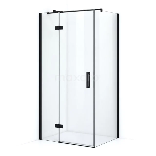 Pearl Shower cabin | 100x80 cm Matte black Clear glass Pivot door Rectangle CPB0864310M Modern glass shower enclosure with black frame and corner step, ideal for a stylish bathroom.