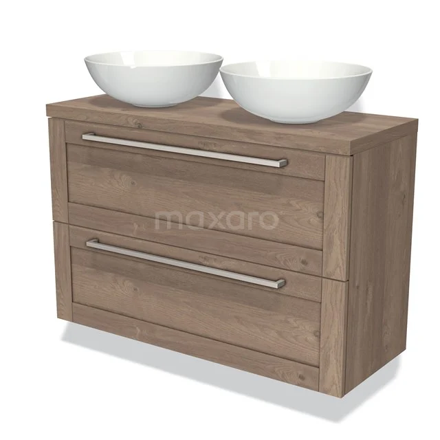 Holz Badezimmermöbel mit doppeltem weißen Waschbecken, modernen Schubladen und schlankem Design, ideal für ein stilvolles Badezimmer.