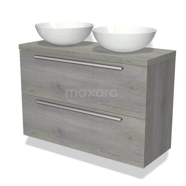 Grijze houten badkamermeubel met 2 lades en dubbele komvormige wastafels, moderne uitstraling, ideaal voor een stijlvolle badkamer.