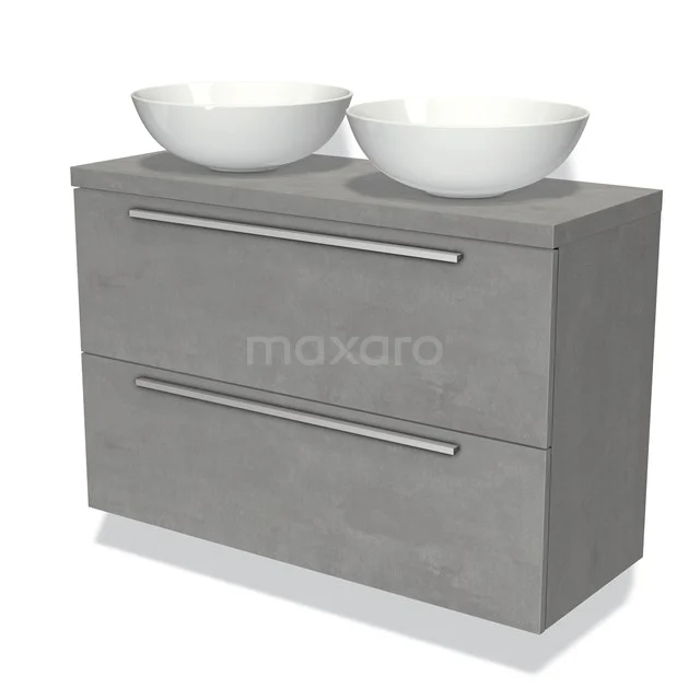 Graue Badmöbelset mit zwei runden Waschbecken, mattem Betonlook und modernen Metallhaltegriffen, ideal für ein minimalistisches Interieur.