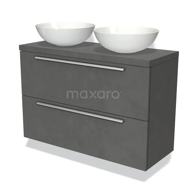 Graue Badmöbelset mit doppelten Aufsatzwaschbecken, schnittigem Design, Betoneffekt-Oberfläche und zwei geräumigen Schubladen für Stauraum.