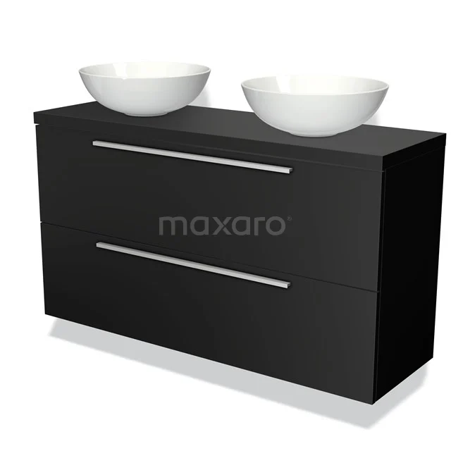 Black bathroom furniture set with two white countertop wash basins, sleek metal handles and modern design made of durable high-gloss MDF.