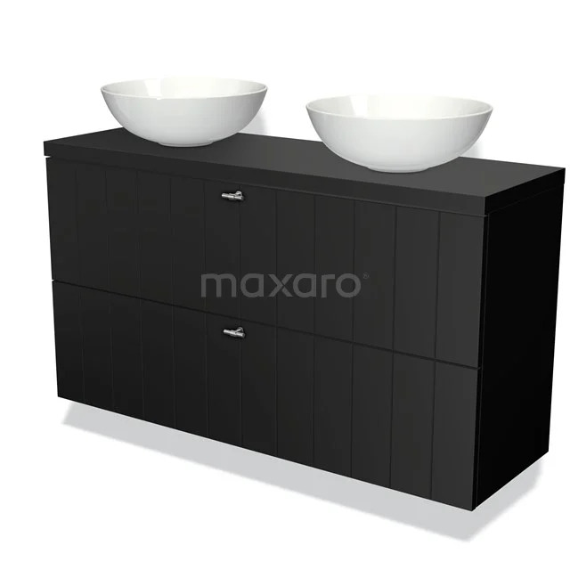 Black bathroom furniture set with clean shapes, two round white countertop wash basins, and soft-close drawers for modern bathroom design.