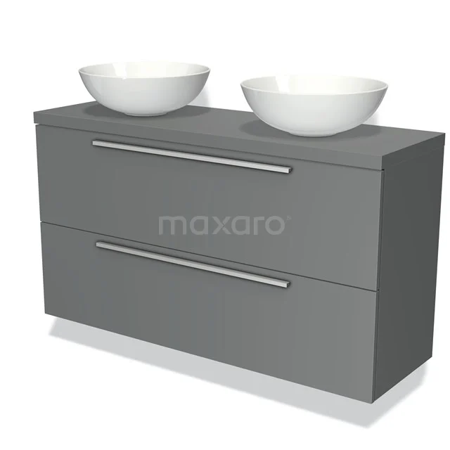 Grey bathroom unit with two vanity units with basins, minimalist design, included drawers and sleek metal handles.