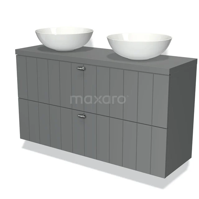 Grey bathroom furniture set with two white countertop wash basins, modern design, wood-look finish, ideal for a stylish bathroom.