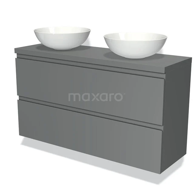Grey bathroom furniture set with double basin, modern design, clean lines, matte finish, ideal for a stylish bathroom.