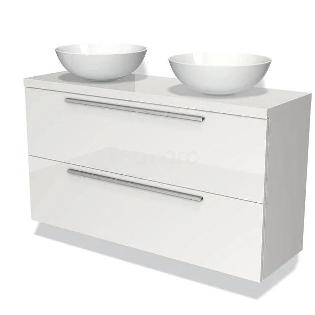 White lacquered bathroom furniture set with two ceramic countertop wash basins and metal handles, perfect for a modern bathroom style.