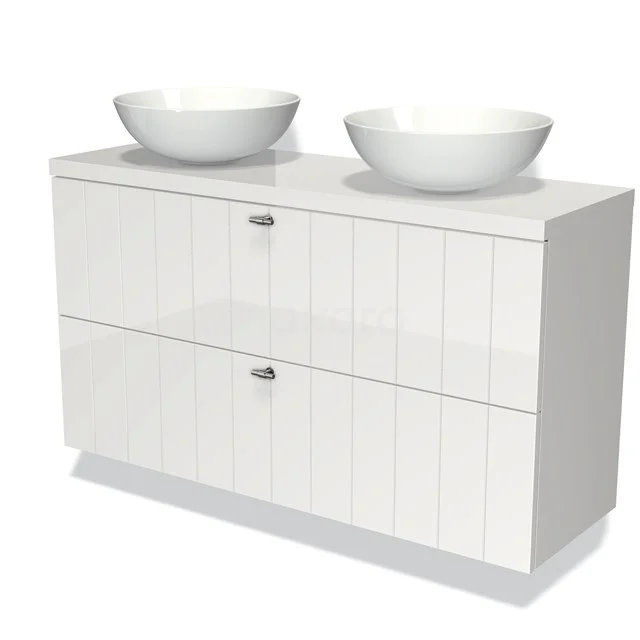 Modulo Plato Slim Badmöbel mit Aufsatzwaschbecken | 120 cm Hochglanz Weiß Lamelle front Hochglanz Weiß blatt 2 übereinanderliegende Schubladen BMK37-00136 Weißes Badezimmermöbel mit zwei runden Aufsatzwaschbecken, Hochglanzoberfläche und grifflose Schubladen, ideal für ein modernes Badezimmer.