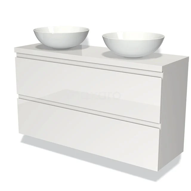 Waschtischunterschrank mit Konsole 120cm Modulo Plato Slim Hochglanz Weiß 2 Schubladen Grifflos BMK37-00137 Moderne weiße Badmöbelset mit zwei Aufsatz Waschbecken, schlankem Design und glänzender Oberfläche für ein stilvolles Badezimmer.