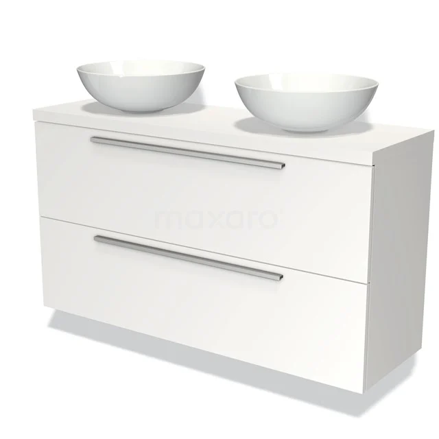 Weißes hängendes Badezimmermöbel mit doppeltem Aufsatzwaschbecken, schlankem Design, grifflosen Schubladen und modern gestalteten für zeitgemäße Bäder.