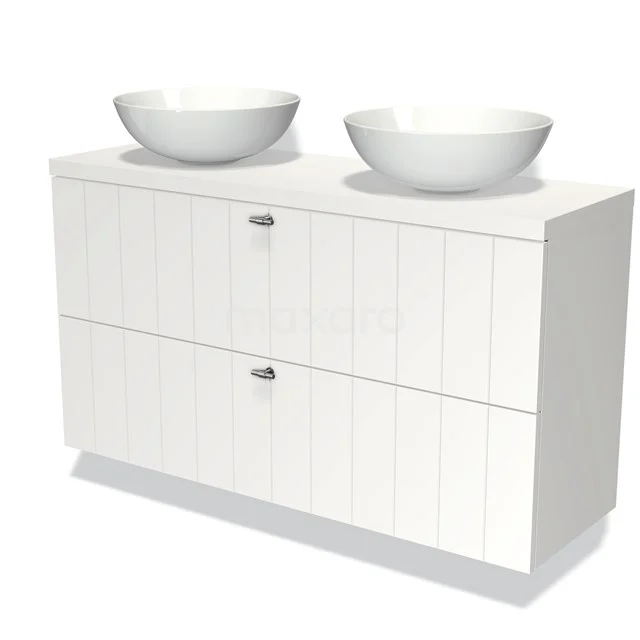 Weißes Badezimmermöbel mit doppelten Aufsatzwaschbecken, Holzlook-Fronten und zwei Schubladen, ideal für moderne Badezimmergestaltung.