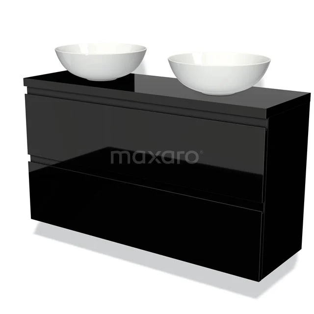 Black bathroom furniture set with two white ceramic countertop wash basins, modern design and A high-gloss finish.