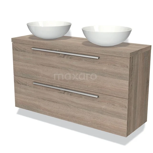 Holz Badezimmermöbel mit doppelten weißen Waschbecken und metallischen Griffen, modernes Design für stilvolle Badezimmergestaltung.