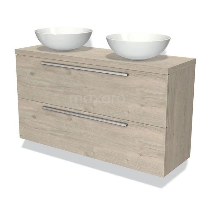 Wooden bathroom unit with two white countertop wash basins, modern double wash basin set, light wood finish and metal handles.