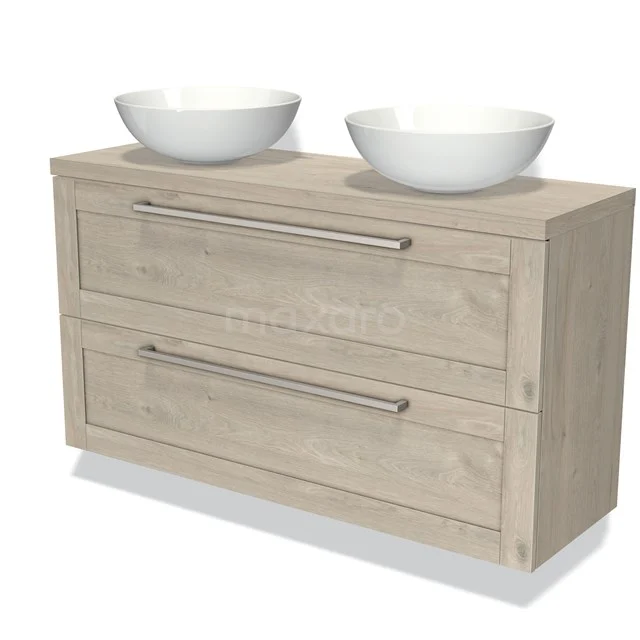 Wooden bathroom unit with two white countertop wash basins, metal drawer handles, modern look and suitable for stylish bathrooms.
