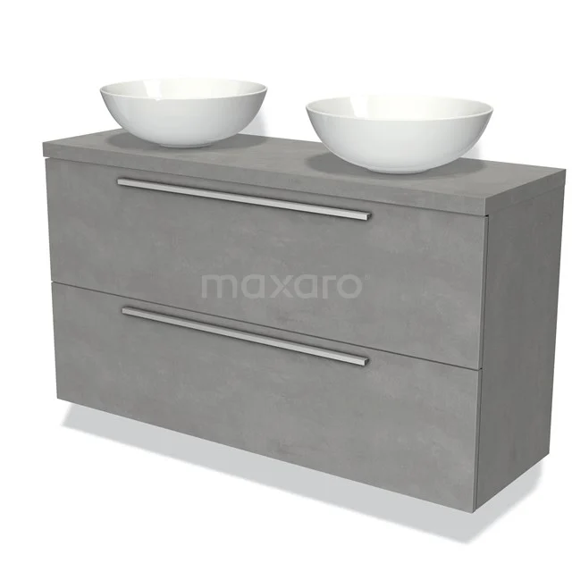 Waschtischunterschrank mit Konsole 120cm Modulo Plato Slim hellgrauer Beton 2 Schubladen Flach BMK37-00159 Graue Badmöbelset mit doppelten Aufsatzwaschbecken, schlankem Design und zwei Schubladenschränken, ideal für moderne Bäder.